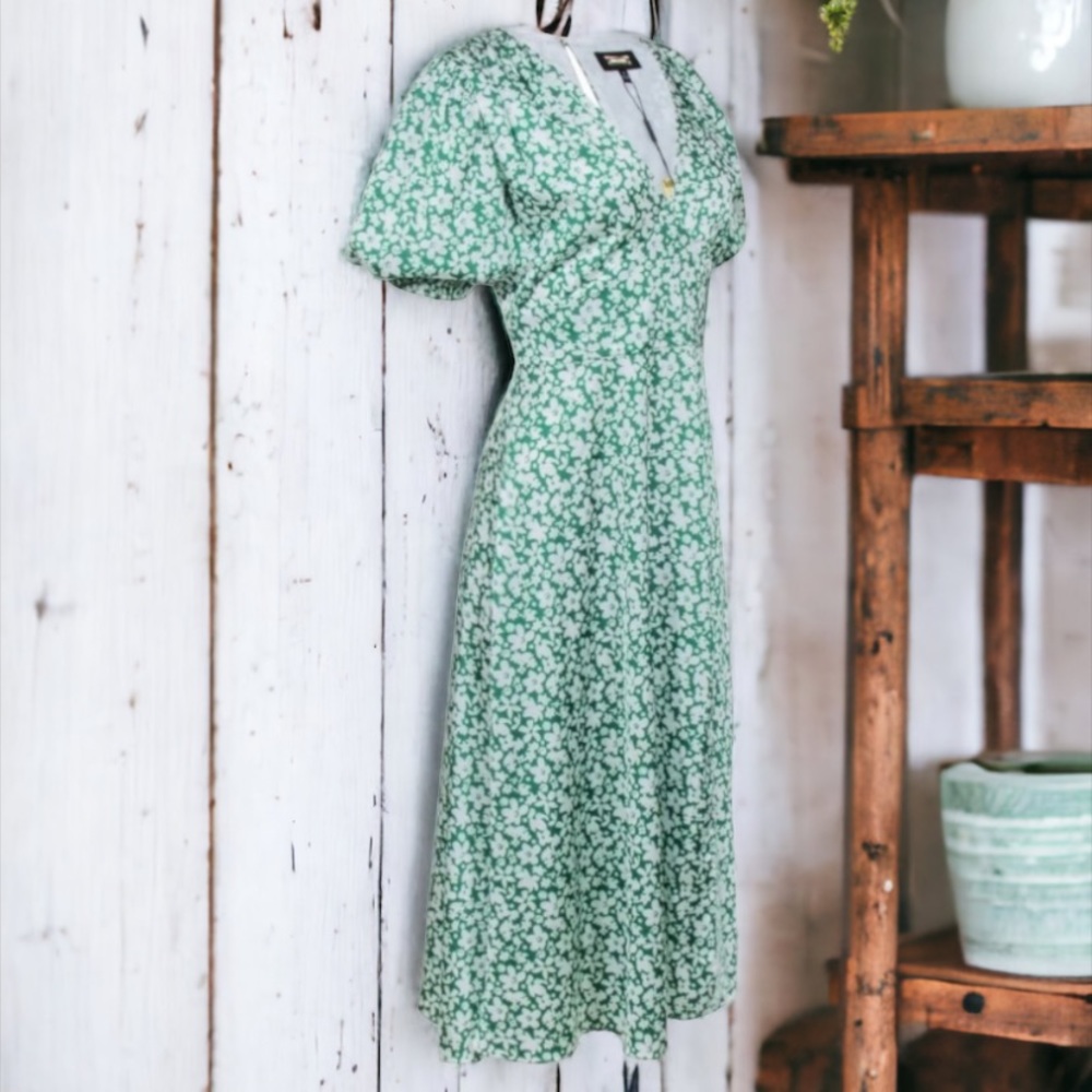 Alexia Admor Green & White Floral Puff Sleeve Slit Front Maxi Dress Size 4 - Picture 7 of 13